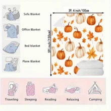 1 pièce Couverture en flanelle douce à l'imprimé vintage d'automne avec citrouille et feuille d'érable. Chaude et confortable, multi-saisons et multi-usages. En polyester avec impression numérique. Convient pour le canapé, le lit, la voiture, le bureau, le camping, les voyages, les cadeaux - Multicolore - Voir 9