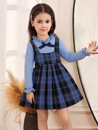 Young Girl's Fashionable Casual Contrast Color 3D Bowknot Long Sleeve Button-Up Floral Lace Collar Grid Print A-Line Dress, Suitable For Daily, Home, Outdoor & Sports, Spring/Autumn