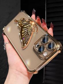 Luxury Electroplated Transparent Phone Case With Butterfly Glitter Stand, Rhinestone Shiny Style, Silicone Shock-Proof Soft Cover, Compatible With IPhone 16/16E/16 Pro/16 Pro Max/16 Plus/15/14/13/12/11/X/XS/XR/8/7, Galaxy S25/S24/S23/S22/S21/A55/A54/A53/A52/A35/A34/A23/A16/A15/A14/A13/A12/A05S/FE/Ultra/4G/5G, Redmi/Honor/MOTO/OPPO/Infinix Phones, Waterproof, Shockproof, Scratch-Resistant - Gold - View 7