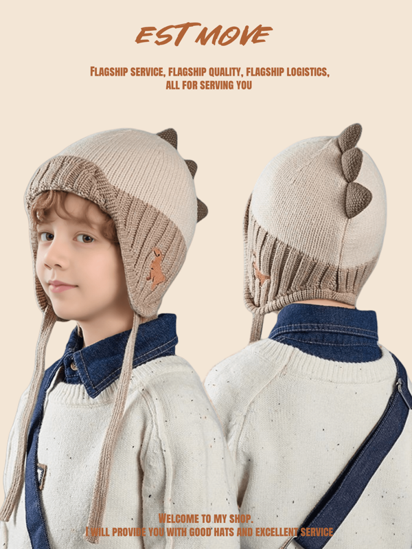 1pc Kids Knitted Dinosaur Beanie Hat, Cute Warm Earflap Winter Cap For Boys & Girls Aged 3-8 Years