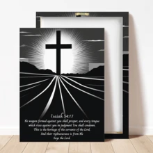 1 pièce Affiche croix noir et blanc, Écriture sainte célèbre, Ésaïe 54:17, pour l'art mural chrétien, versets bibliques, décoration murale noir et blanc, décoration murale, art mural, affiches, à accrocher, convient pour la décoration de la chambre, la décoration de la salle de bain, la décoration du salon, la décoration de bureau, élément de décoration parfait - Matériau canevas (cadre en option)