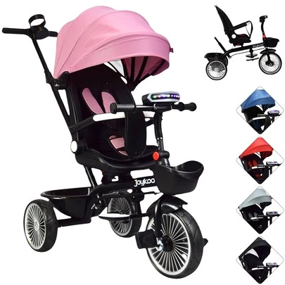 Joykoo Triciclo para Niños Evolutivo con Asiento Giratorio y Reclinable Torreta con Luz y Sonido Cinturón de Tres Puntos Llantas de Eva Soft y Bastón de Empuje Apto a partir de 1 año