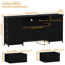 Cómoda de 12 cajones con toma de corriente y LED para TV de 55'', 65'' o 75'', cómoda larga para dormitorio con 12 cajones profundos, consola ancha para guardar cosas en armario, sala de estar y entrada, cubierta de madera.