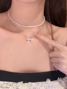 1件装奢华甜美双层蝴蝶结珍珠项链，适合女性佩戴参加派对，也可作为礼物送给朋友/女朋友。