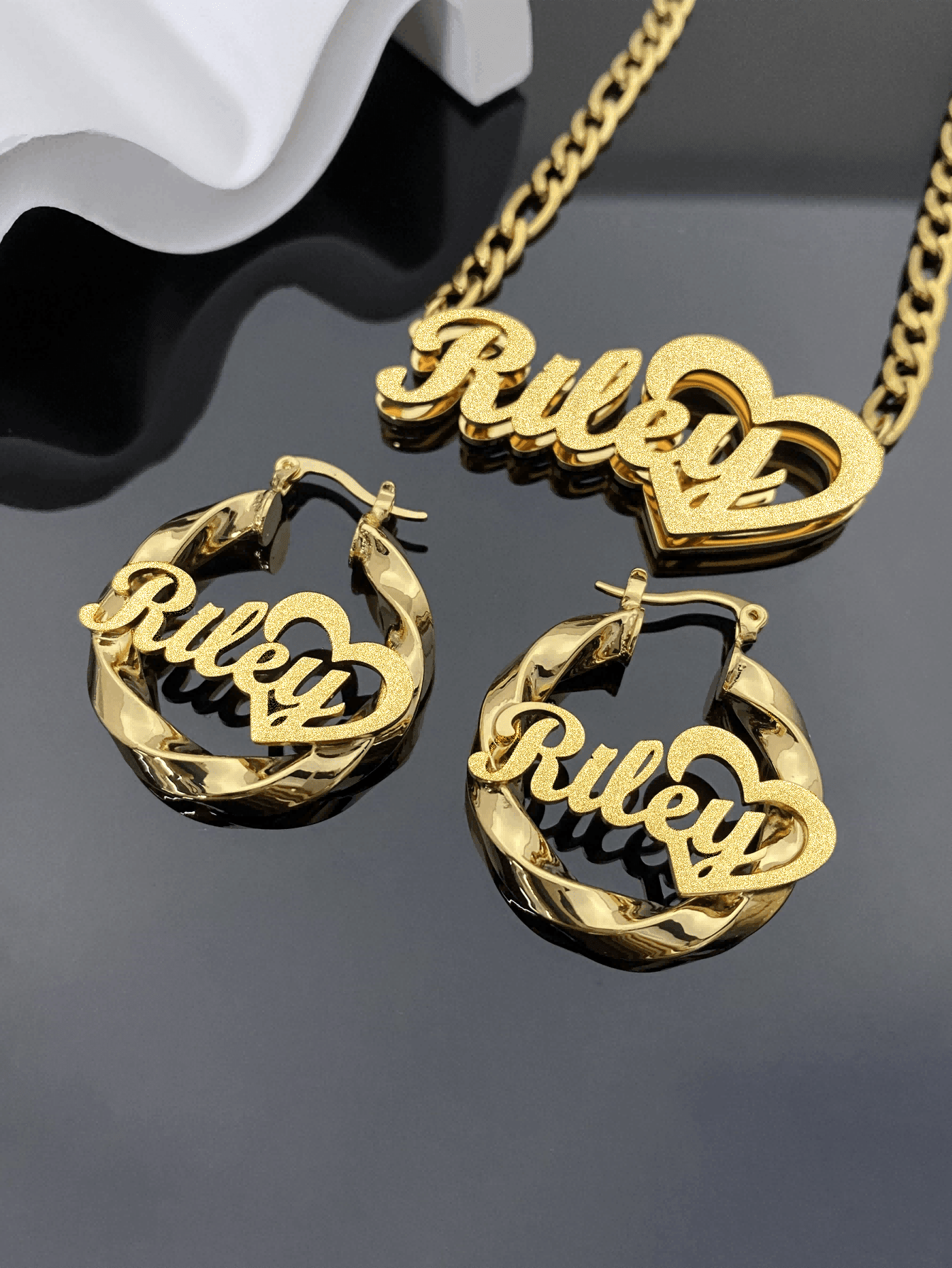 Personalized Matte Gold Name Jewelry Set - Customized Name Necklace And 30mm Heart-Shaped Earrings, Fashionable And Eye-Catching Gift For Women And Girls, Available In Black, Silver, Gold - Multicolor-frosted - View 7