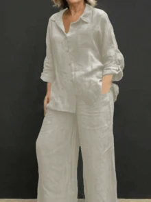 Spring, Summer, Autumn Casual Polo Collar Cardigan, Versatile Solid Color Elegant Blouse Top, Suitable For Beach, Daily Commute, Work, Shopping, Soft & Comfortable Fabric, Elastic Waist Loose Pants, 2 Pieces Set