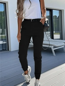 Damen einfarbige, lässige, minimalistische, vielseitige, schlankende Hose mit Kordelzug in der Taille, Taschen und Reißverschluss-Knopf-Design in Große Größen, geeignet für Laufen, Urlaub, Zuhause