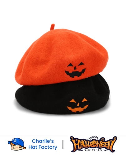 Beretă de Halloween cu broderie de dovleac, 1 buc., cu vârf plat, stil japonez clasic, vintage casual și elegant, potrivită pentru purtare zilnică, cumpărături, sărbători, cadou perfect pentru Halloween