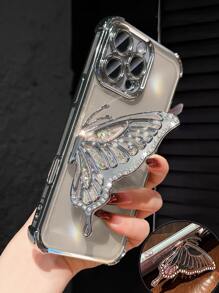 奢华电镀透明手机壳，带蝴蝶亮片支架，水钻闪耀风格，硅胶防震软壳，兼容 16/16E/16 Pro/16 Pro Max/16 Plus/15/14/13/12/11/X/XS/XR/8/7、Galaxy S25/S24/S23/S22/S21/A55/A54/A53/A52/A35/A34/A23/A16/A15/A14/A13/A12/A05S/FE/Ultra/4G/5G、Redmi/Honor/MOTO/OPPO/Infinix 等手机，防水、防震、防刮。