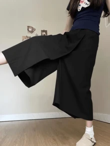 Women's Elegant Culottes, Casual Comfortable Wide Leg Pants Skirt, Loose Elastic Waist 3/4 Pants, Spring/Summer - Black - View 1