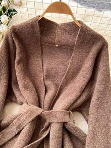 春季女士优雅休闲针织两件套，宽松慵懒针织套装连衣裙，无袖针织连衣裙+系腰长袖毛衣外套，女士街头时尚 - 咖啡棕 - 查看 4