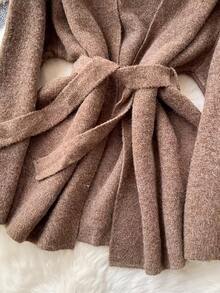 春季女士优雅休闲针织两件套，宽松慵懒针织套装连衣裙，无袖针织连衣裙+系腰长袖毛衣外套，女士街头时尚 - 咖啡棕 - 查看 5