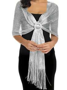 1pc Shiny Silver Thread Flat Shawl With Clasp, Suitable For Brides, Formal Dances, Graduation Ceremonies, Pair With Evening Gowns - Silver Gray - View 1