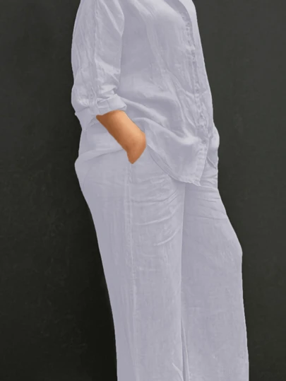 Lightweight Polo Collar Casual Cardigan, Solid Color Elegant Blouse Top Suitable For Beach, Daily, Work, Shopping, Soft & Comfortable Fabric, Elastic Waist Loose Pants, 2 Pieces Set, Spring/Summer/Autumn