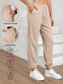 Women'S Outdoor Casual Running Pants - Elastic Waistband Pockets Sports Trousers, Lightweight All-Season Pants, Women'S Athletic Long Pants, Suitable For Gym, Machine Washable, Solid Color Design, Comfortable Fit, Y-Shape Style, Stretchy Waist, Ideal For Outdoor Hiking & Sports Enthusiasts Tights Spring - Brown - View 8