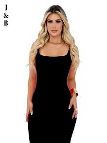 Vestido Midi Anarruga Com Alça Para Gravidas Gestantes Confortável Casual Elegante - Presente Dia Das Mães / Presente dia Dos Namorados BELLA - Preto - U - Preto - Visão 3
