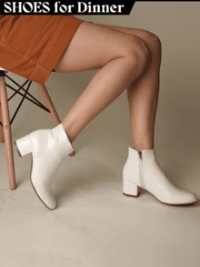 Women's Black Vegan Suede Cheetah Faux Suede Cognac Vegan Suede Natural Faux Suede Smokey Taupe White PU Chunky Low Heel Zip-Up Ankle Boots – Minimalist Round/Pointed Toe Fashion Booties [Size Up Half Size] - 白色PU - 查看 1