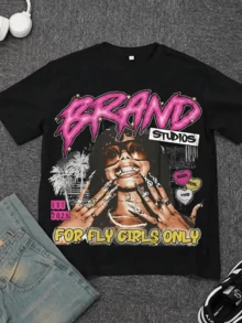 180 Pure Cotton Black T-Shirt Graphic Print For Fly Girls OnlyY2K Style Vintage T-Shirts Graphic For Men Women Kids Family Letter New Streetwear Clothing Harajuku T-Shirts Cotton Half Sleeve Tees Tops Tshirts Casual Classic Crewneck DesignTees - 黑色 - 查看 1