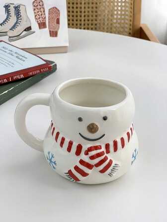 1pc Red Scarf Snowman Mug/1pc Snowman Spoon, Cute Ins Red Scarf Snowman Glazed Ceramic Small Cup Mug, Adorable Snowman Coffee Stirring Spoon, Suitable For Restaurant, Living Room, Cafe, Gathering