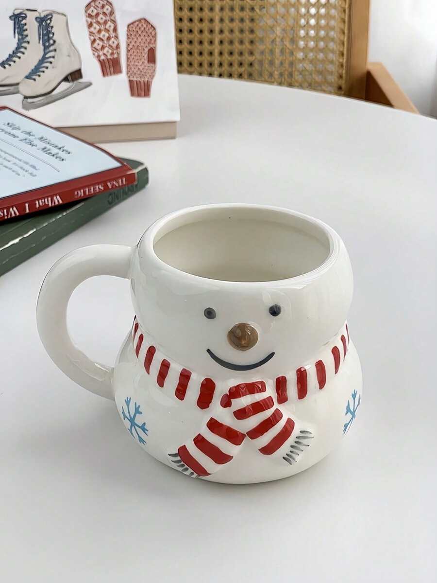 1个红围巾雪人马克杯/1个雪人勺，可爱Ins红围巾雪人釉面陶瓷小杯马克杯，可爱雪人咖啡搅拌勺，适用于餐厅、客厅、咖啡厅、聚会 - 彩色 - 查看 1