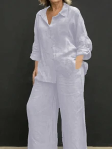 Lightweight Polo Collar Casual Cardigan, Solid Color Elegant Blouse Top Suitable For Beach, Daily, Work, Shopping, Soft & Comfortable Fabric, Elastic Waist Loose Pants, 2 Pieces Set, Spring/Summer/Autumn - Purple - View 3