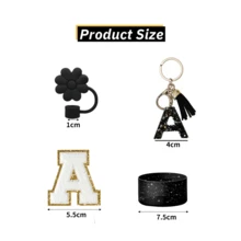 A-Z 4件組杯子配件組（適用於所有 30-40oz 杯子）－配件組包含：1個吸管防塵蓋、1個字母吊飾、1個亮面矽膠杯底保護墊、1個杯子字母貼紙（杯子字母鏈，隨機發送） - 黑色 - 查看 2