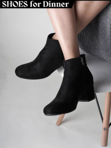 Women's Black Vegan Suede Cheetah Faux Suede Cognac Vegan Suede Natural Faux Suede Smokey Taupe White PU Chunky Low Heel Zip-Up Ankle Boots – Minimalist Round/Pointed Toe Fashion Booties [Size Up Half Size] - 黑色純素絨面革 - 查看 1