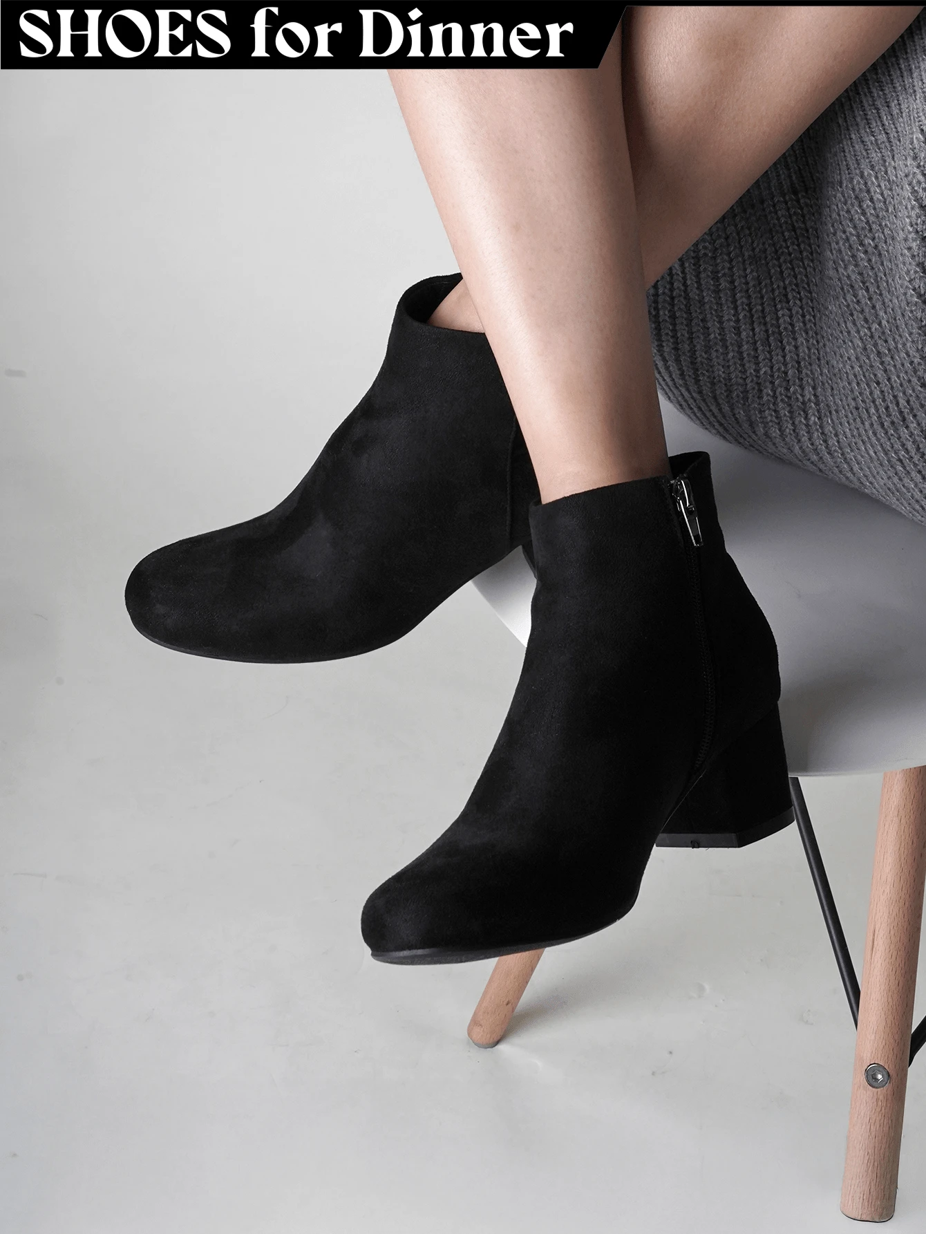 Women's Black Vegan Suede Cheetah Faux Suede Cognac Vegan Suede Natural Faux Suede Smokey Taupe White PU Chunky Low Heel Zip-Up Ankle Boots – Minimalist Round/Pointed Toe Fashion Booties [Size Up Half Size] - 黑色純素絨面革 - 查看 1