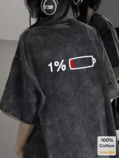 バッテリー残量プリント オーバーサイズ ビンテージ ブラックコットンTシャツ、ルーズフィット&スタイリッシュデザイン