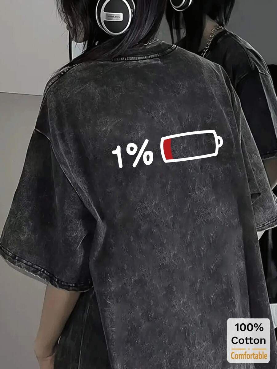 超大复古黑色T恤，印有“电池电量低”字样，宽松版型，时尚设计，休闲夏季之选 - 黑色 - 查看 1