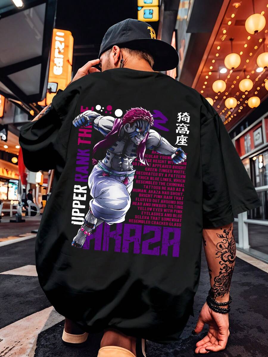 Anime T-Shirt Demon Kimetsu Akaza Upper Moon Three Japanese Manga Geek Movie Shirt Blouse Unisex Male Female 100% Cotton Top Premium Streetwear Launch Immediate Shipping Various Colors!! Plus Size - màu đen - Xem 1