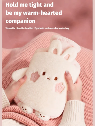 1pc Unisex Cartoon Flocked Hot Water Bottle, Large Capacity, Refillable, Explosion-Proof, Leakproof, Detachable, Warm Hand Warmer, Suitable For Winter Outdoor Camping, Travel, Home, Office, School, Dorm, Daily Use