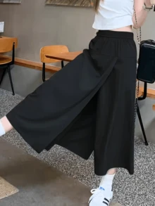 Women's Elegant Culottes, Casual Comfortable Wide Leg Pants Skirt, Loose Elastic Waist 3/4 Pants, Spring/Summer - Black - View 3