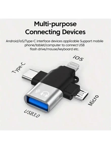 3-In-1 OTG Adapter: Type-C/Micro USB/Lightning To USB 3.0 OTG Converter, USB 3.0 Data Transfer Adapter, No App Required, Suitable For Tablets, Hard Drives, Christmas/Home Gift - Black - View 2