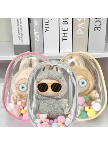 Estuche protector de PVC cristalino de Labubuu (sin muñeca) - Bolsa de almacenamiento transparente a prueba de polvo de color macarrón para Labulabu de pie/sentado, accesorios esenciales para decoración de verano, estuche decorativo, accesorios coleccionables, regalos para mujeres, accesorios de bola esponjosa opcionales
