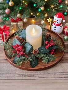 1pc/2pcs Winter Realistic Christmas Candle Rings - Classic Xmas Door And Wall Hanging Adornments With Artificial Greenery, Fake Pine Cones, Faux Red Berries, Suitable For Home Decor Living Room,Room Candlesticks Decor,Bedroom Candle Small Wreath Decor