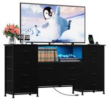 Cómoda de 12 cajones con toma de corriente y LED para TV de 55'', 65'' o 75'', cómoda larga para dormitorio con 12 cajones profundos, consola ancha para guardar cosas en armario, sala de estar y entrada, cubierta de madera.