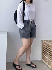 Tie-dye pantalones cortos deportivos casuales femeninos verano suelta versión coreana de la chica picante de cintura alta delgada A-line pantalones de pierna ancha - Gris - Ver 4