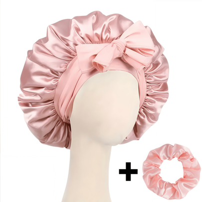 2 st/set mjuk silkeslen satinhatt blommig mössa och scrunchies för att sova i över natten mjuk satinhårmössa, justerbara remmar, snyggt knytband