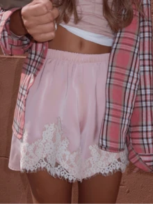 Women's Satin Lace Trim Mini Shorts Y2K Bloomers Shorts Elastic Waist Silk Slip Lounge Casual Going Out Bottoms - 粉色 - 查看 4