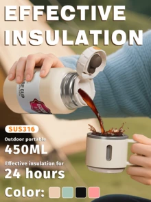 1 pieza Vaso aislado al vacío de acero inoxidable SUS316 de 450ml para uso en exteriores, con taza de bebida desmontable, retención de temperatura durante 24 horas, tapa hermética de apertura con una sola mano, duradero para bebidas frías, café, té, camping, senderismo, viajes, hogar y oficina, regalo ideal para actividades al aire libre, viajes por carretera, entusiastas del aire libre, artículo esencial de verano para beber, disponible en 4 colores - Multicolor - Ver 2