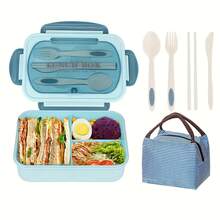 Set de loncheras bento para adultos + bolsa térmica para el almuerzo - Lonchera bento a prueba de fugas de 1200 ml, espaciosa lonchera de 3 compartimentos, perfecta para la oficina, la escuela, camping y picnics - Soluciones de almacenamiento de cocina, lonchera para hombres y mujeres para el trabajo - Azul - Ver 1