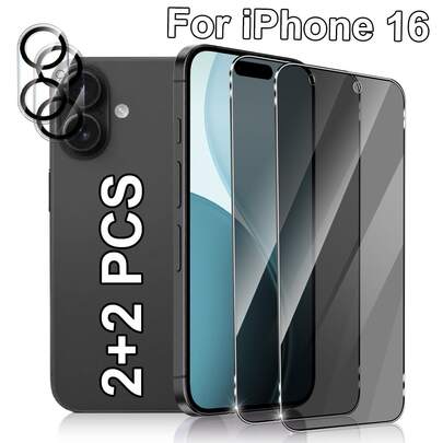 2+2 Package Suitable Compatible With Iphone 16/Iphone 16 Plus/Iphone 16 Pro/Iphone 16 Pro Max Privacy Screen Protector, With Camera Lens Protector, 9H