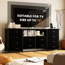 Cómoda de 12 cajones con toma de corriente y LED para TV de 55'', 65'' o 75'', cómoda larga para dormitorio con 12 cajones profundos, consola ancha para guardar cosas en armario, sala de estar y entrada, cubierta de madera.