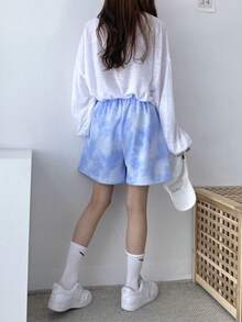 Tie-dye pantalones cortos deportivos casuales femeninos verano suelta versión coreana de la chica picante de cintura alta delgada A-line pantalones de pierna ancha - Azul - Ver 5