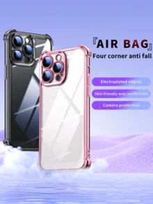 1pc Luxury Electroplated Transparent Phone Case, Compatible With IPhone 17/6/7/8/X/XS/XR/11/12/13/14/15/16/16e, Galaxy S22/23/24/25/S24 FE/S25 EDGE, A04/05/06/A07/A17/A14/A15/A16/A24/A25/A34, Redmi Note 9/10/11/12/13, Redmi 9/10/12/13C 14C, OPPO, MOTO, Honor X, HW, Realme C53 C55 C61 C63 C65 C75 Pro Max Plus, Shock-Proof Transparent Dual-Layer TPU Phone Case - Pink - View 3