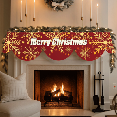 1pc/240pcs Vintage Gold Foil Christmas Fireplace Garland, Burgundy Background With Gold Foil Snowflakes & String Lights, 3D "Merry Christmas" Text, Suitable For Fireplace/Arch Decor, Elegant Vintage Holiday Ambiance