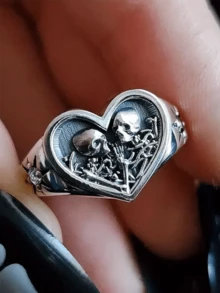 1 Pc Vintage Personalized Punk Style Bone Embrace Heart Set White Synthetic Zirconia Silvery Men's And Women's Rings Suitable For Daily Couple Dating Vacation - 復古銀色 - 查看 2