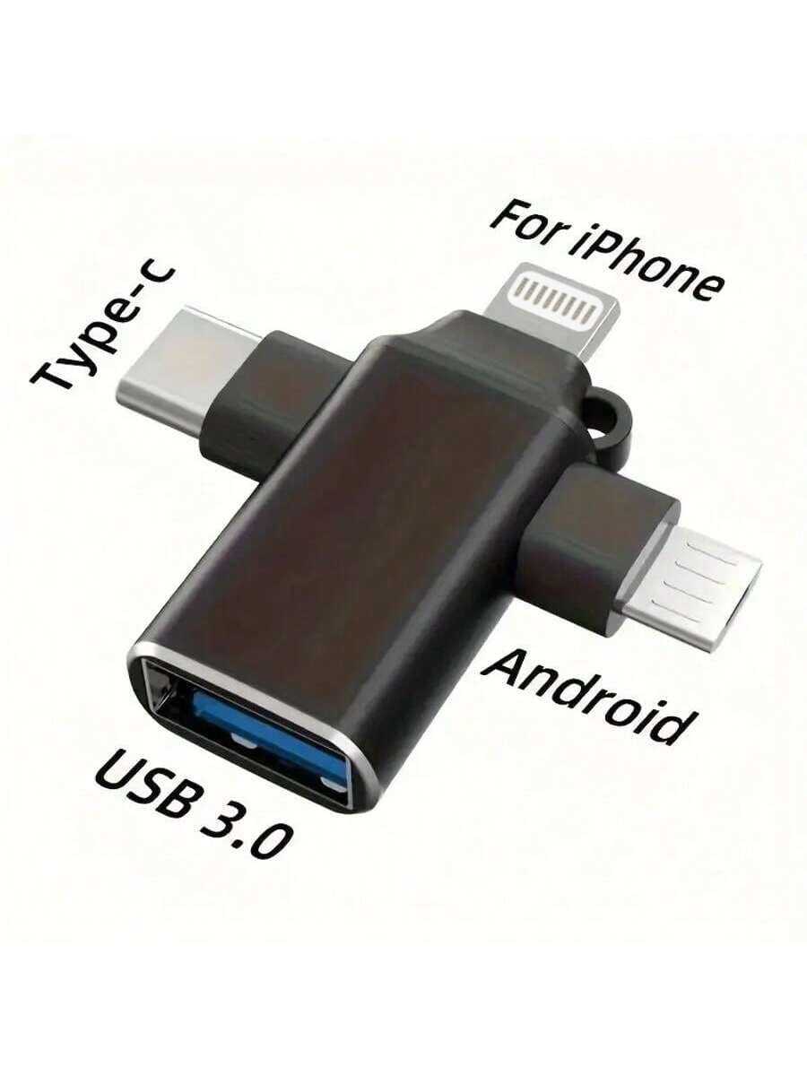 3-In-1 OTG Adapter: Type-C/Micro USB/Lightning To USB 3.0 OTG Converter, USB 3.0 Data Transfer Adapter, No App Required, Suitable For Tablets, Hard Drives, Christmas/Home Gift - Black - View 1