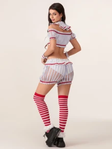 Women Halloween Costume Clown Tops And Shorts Striped Stockings Set For Cosplay Role-Playing Party Outfits - 灰色 - 查看 7